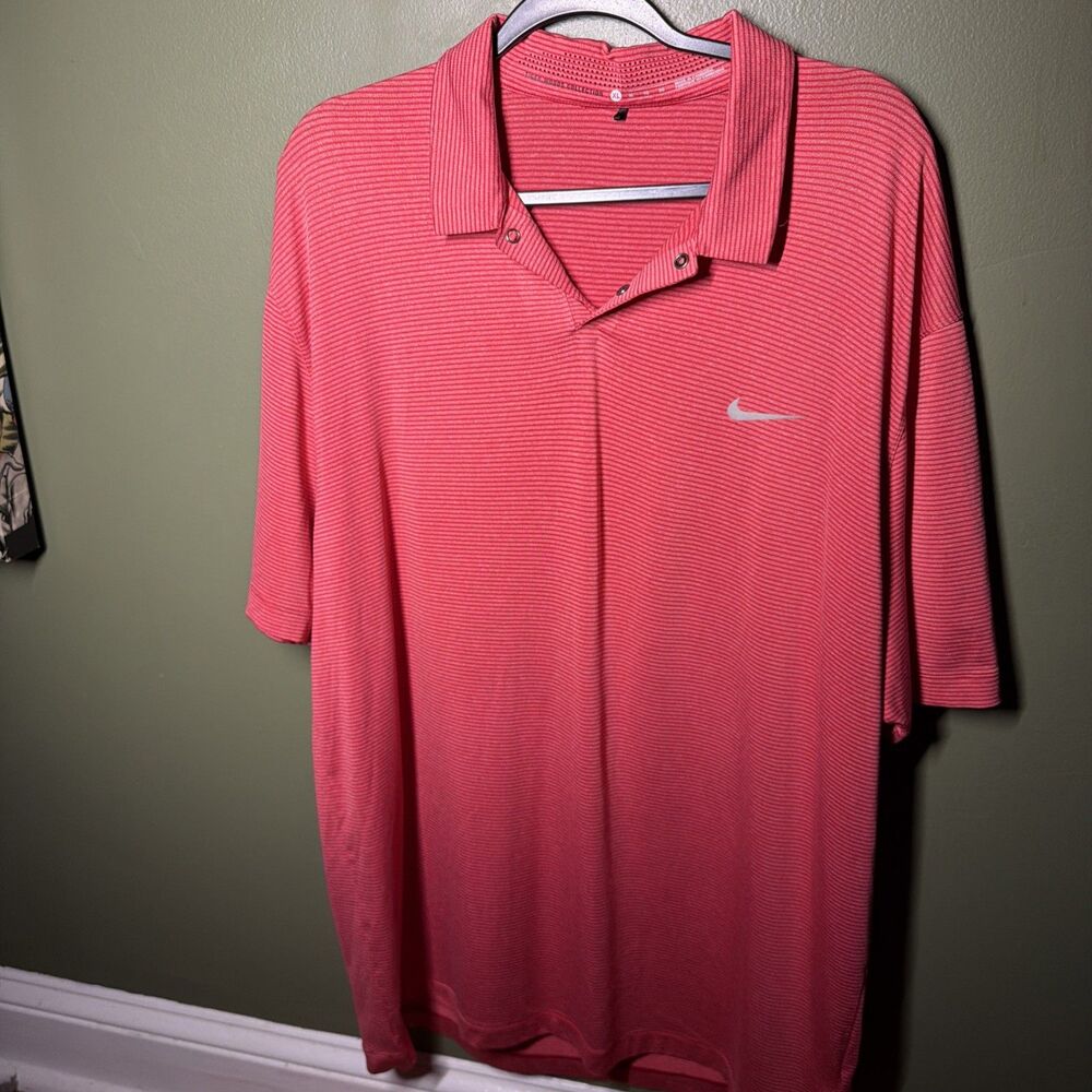Nike Golf Tiger Woods TW Mens XL Red Striped Snap Pocket Polo Shirt 619754-660